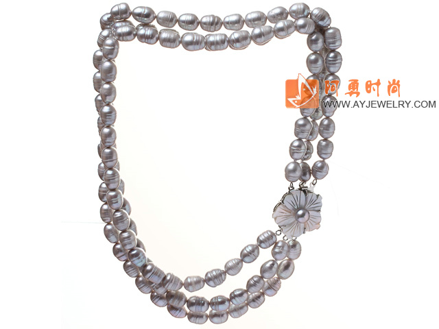 9-10mm 天然灰色米形珍珠项链 三排贝壳花扣款