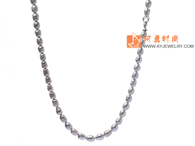 9-10mm 天然灰色米形珍珠项链 配时尚心形扣