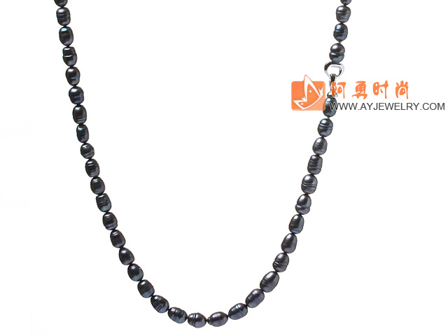9-10mm 天然黑色米形珍珠项链 配时尚心形扣