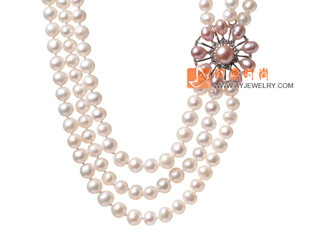 天然白色珍珠项链 三层粉色珍珠花款