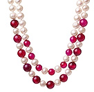 天然白色珍珠 玫红玛瑙项链 两层款