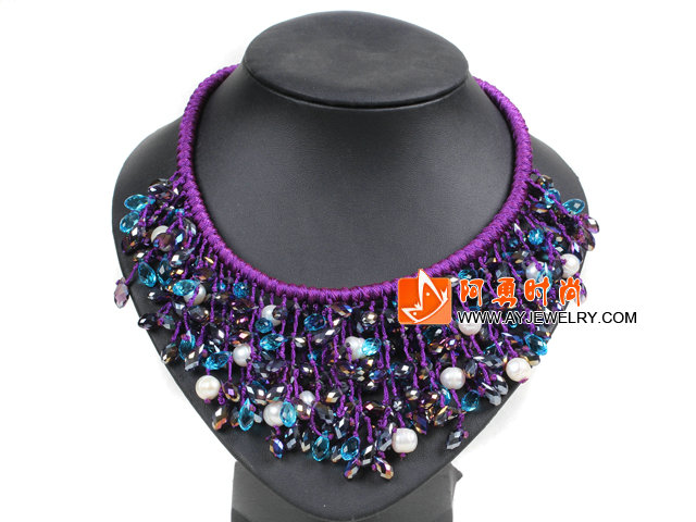 珍珠水晶绳结紫色系项链