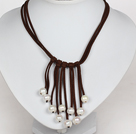 10-11mm白珍珠褐色绒绳流苏项链