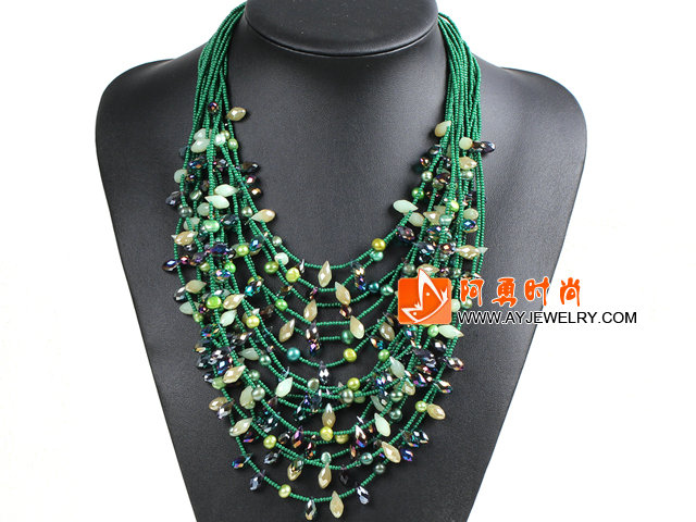 绿色系15层珍珠水晶项链