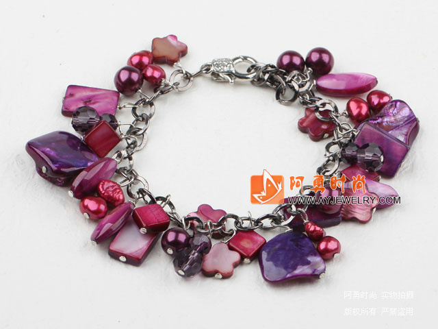 紫色珍珠贝壳手链 合金链charm款
