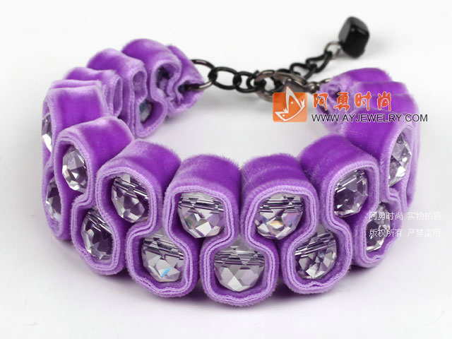 紫色天鹅绒白水晶手链 绒布绳款