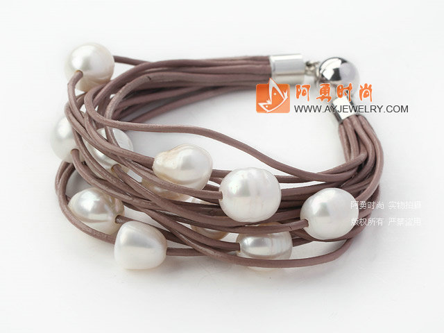 11-12mm白色珍珠多层皮绳手链
