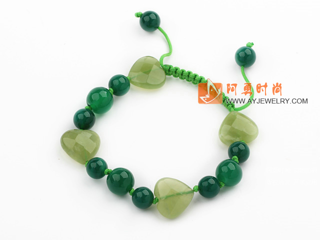 绿玛瑙心形橄榄玉手链手环 长度可调节 单层编织绳款