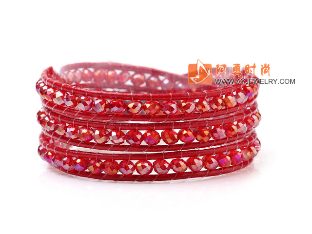 红色人造水晶 皮绳手链 缠绕式三圈款