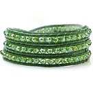 草绿色人造水晶 皮绳手链 缠绕式三圈款