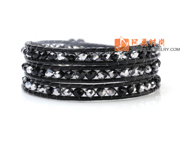 黑银相间色人造水晶 皮绳手链 缠绕式三圈款