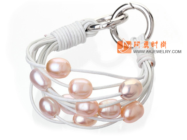 天然粉色珍珠手链 配白色皮绳  多层皮绳款