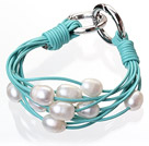 天然白色珍珠手链 配蓝色皮绳 多层皮绳款