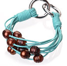 天然棕色珍珠手链 配蓝色皮绳 多层皮绳款