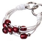 天然红色珍珠手链 配白色皮绳 多层皮绳款