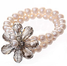 天然白色珍珠 水晶花朵手链 双层编花款