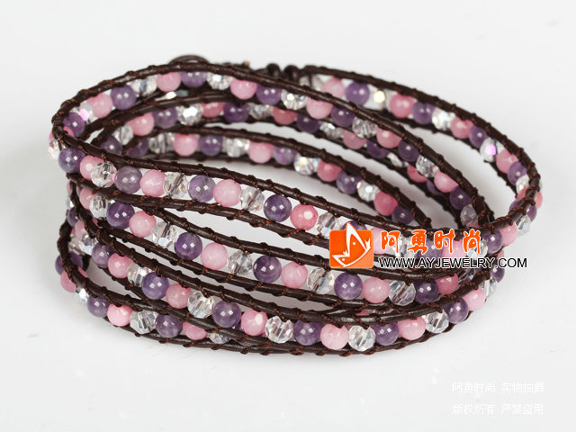 天然紫晶粉玉白水晶皮绳四层绕圈手链